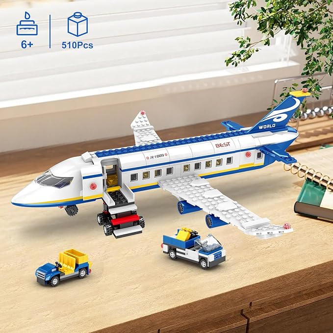 510 Pcs City Passenger Airplane Building Set 6 IN1 Plane Building Blocks Toys STEM Aircraft Bricks with Shuttle Bus Baggage TruckAirplanes Model Toys Gifts for Adults Boys Girls Age 6-12+
