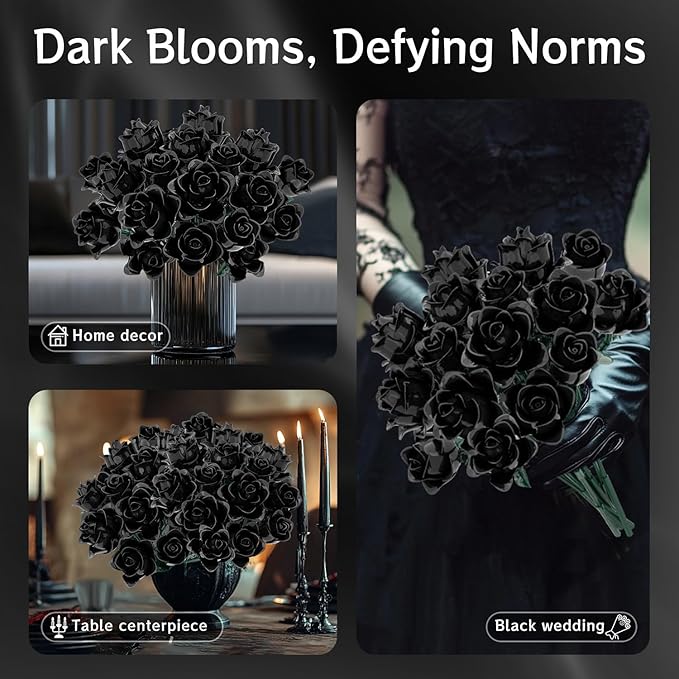 Black Roses Bouquet Building Set Artificial Flowers Botanical Collection Building Block for Adults Gothic Home Decor for Women Girls Compatible with Lego Flowers 585 PCS