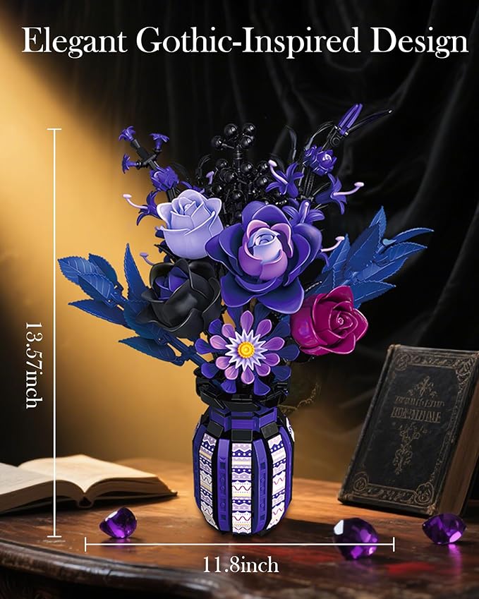 Purple Flowers Building Set with Vase for Adults Gothic Black Roses Floral Bouquet Compatible with Lego Botanical Collection Cool Home Office Decor Valentine Gift for Her Women Girls 14+