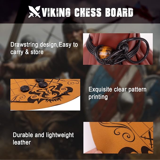 Hnefatafl- Viking Chess SetTraditional Two-Player Board Strategy GameLeather Play MatWooden Chess PiecesDrawstring DesignEasy for Store &amp TravelGreat Gift for Vintage Game Lovers