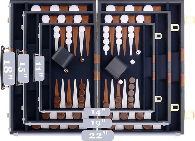 Backgammon Set - Classic Board Game with Premium Leather Case - Portable Travel Strategy Backgammon Game Set for Adults Kids - Suitable as (11inch Navy)