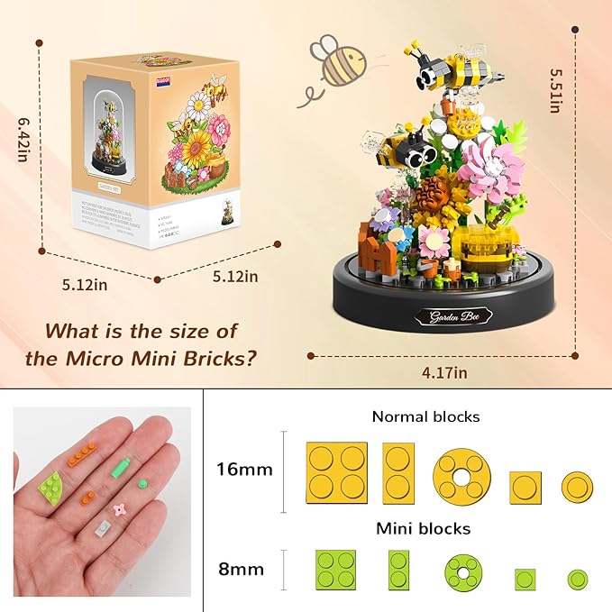 QLT QIAOLETONG Flower Bouquet Building Sets 588 PCS Animals Flowers Botanical Collection Mini Bricks Building Blocks Toy for Adults Valentine's Day for Her Mom Women Wife Girlfriend (Bee)