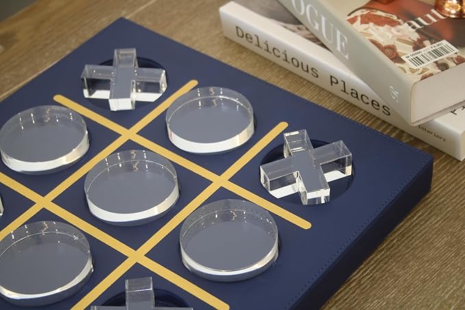 Modern Tic Tac Toe for Home Decoration with Blue Leather and Acrylic Pieces Decorative Table Top Housewarming Gift