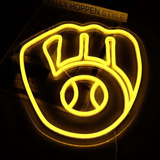 Balanar Baseball Neon Signs for Garage or Man Cave Decor Gifts With Milwaukee Basebll or Rugby Team Logo Yellow Baseball Neon for Parties BarsDorms Office Wall Art and Game Room Decor