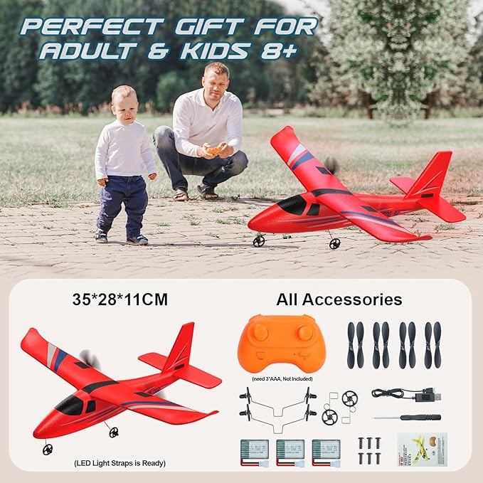 RC Airplane 2.4GHZ Remote Control Airplane 2CH RC Plane Hobby RC Airplanes Toy W/ 3 Batteries &amp Gyro Stabilizer Easy to Fly for Beginners Kids Boys Girls Adults (Red)