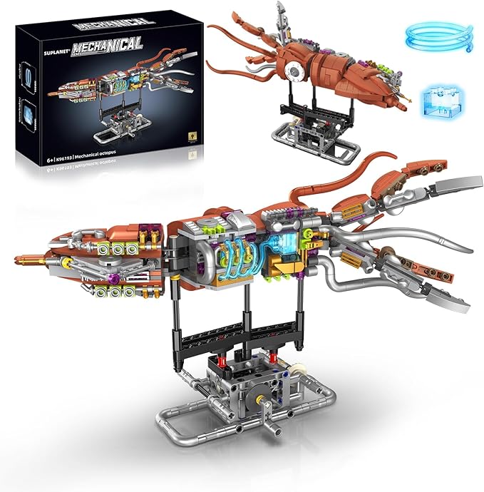 Mechanical Squid Building Set with Lights Rotatable Link Components &amp Display Stand STEM Building Set for Boys and Girls 8-14 Home Office Decor for Adults Mechanical Enthusiasts（633PCS）