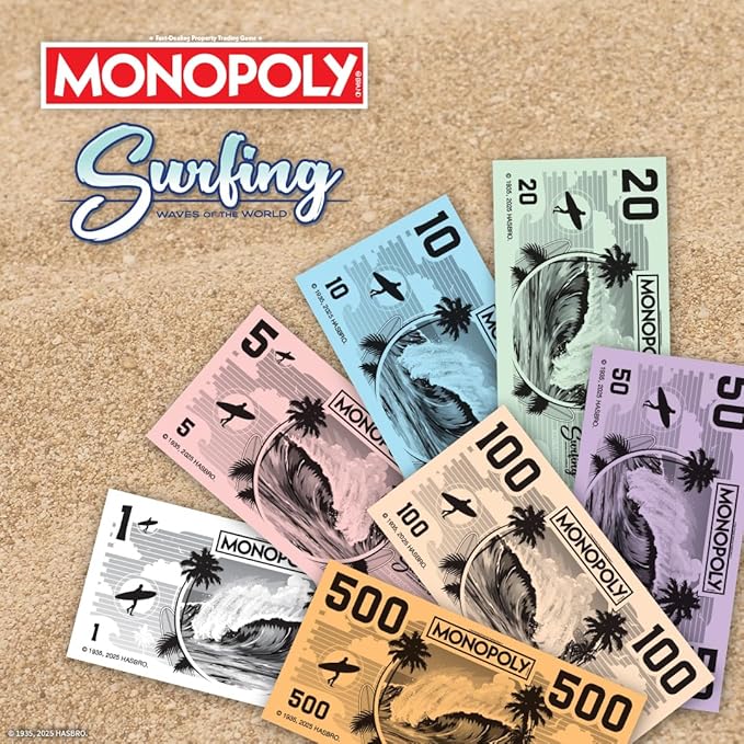 Monopoly: Surfing Waves of the World Board Game – Buy Sell Trade Iconic Surf Spots Like Pipeline &amp Superbank 6 Custom Beach-Themed Tokens Family Game for Beach Sports Fans &amp Collectors Ag