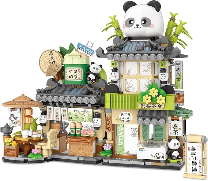 Street View Tea Shop Mini Building Blocks Set Cute Panda Animals Building Toys Girls 6-12 Simulation Architecture Construction Toy Birthday Gift for Kids Adults (860PCS)