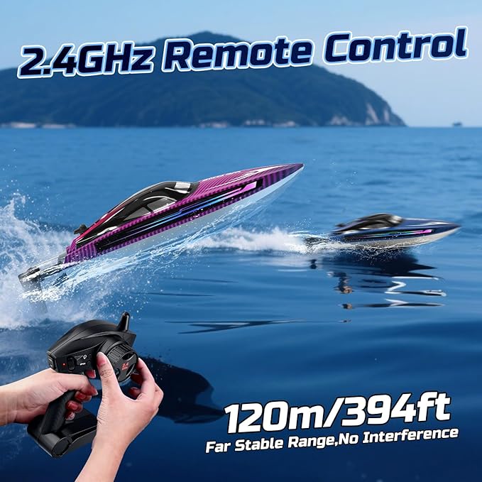 RC Boats for Adults Remote Control Boat for Pools and Lakes WF17 25+ KMH Fast RC Speed Boat with 7 LED Light Modes for Kids 8-12 Summer Toys for Boys Girls 2 Batteries for 30-40 Mins Blue