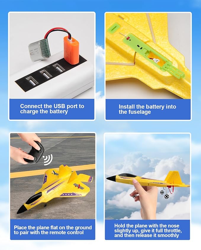RC Plane F22 RC Airplane 2. 4GHz Foam Remote Control Airplane with Gyro Stabilizer/LED Light/2 Rechargeable Batteries Easy to Fly RC Glider Jet Toy for Kids Boys Adults Beginners (Yellow)