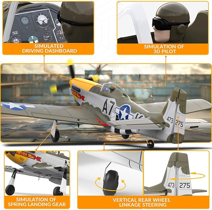 VOLANTEXRC Brushless 4CH RC Plane P51D Mustang 500mm Remote Control Airplane Fighter RTF with 6-Axis Gyro 3 Modes &amp Aerobatics 2.4GHz Radio Controlled Aircraft for Beginners &amp Adults