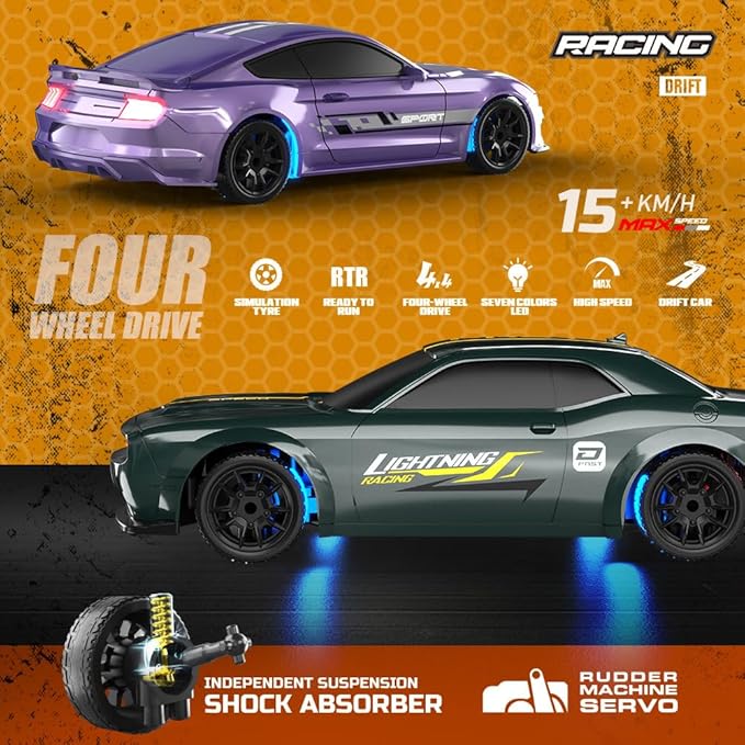 1:43 RC Drift Car 2.4GHz Remote Control Drift Racing Car High Speed 4 WD Electric Toy Car with LED Lights for Teen and Adults (Silver Gray)