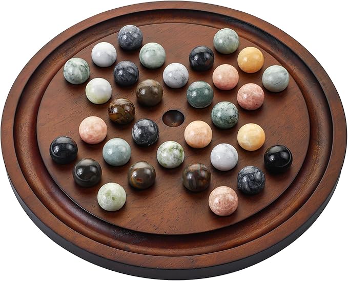 Solitaire Game12.7-Inch inches Solid Wooden Board with 33 Natural Marble Balls Deluxe Solitaire Game Set Single-Player Strategy Board Game and Smart Games