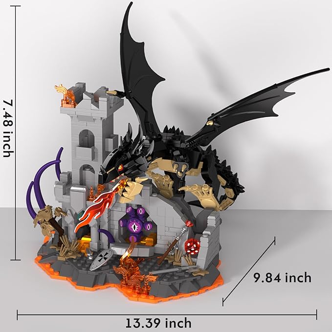 Dragon Building Set with Dice Tower 919 PCS Flaming Medieval Castle Building Blocks Set Fantasy Model Kit Home Decor Birthday Gift for Adults Teens Kids Boys 8+