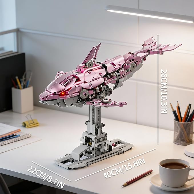 Mechanical Pink Dolphin Building Blocks Set with Hand-Crank &amp Motorized Movement Interactive Detailed Gear Design Display &amp Play Model Futuristic Ocean Animal Model