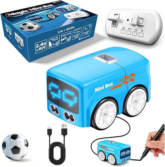Magic Mini Bus Follows Line Car Inductive Mini Interactive Cars Follows The Line Intelligent Line Tracking System with Dynamic LED Expressions Educational STEM (Blue)