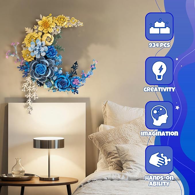 Blue Moon Flower Building Set Botanical Collection Kit for Adults Women Girls 14+ Crescent Moon Floral Wall Art Display for Home Office Table Decor Christmas/Valentines for Her