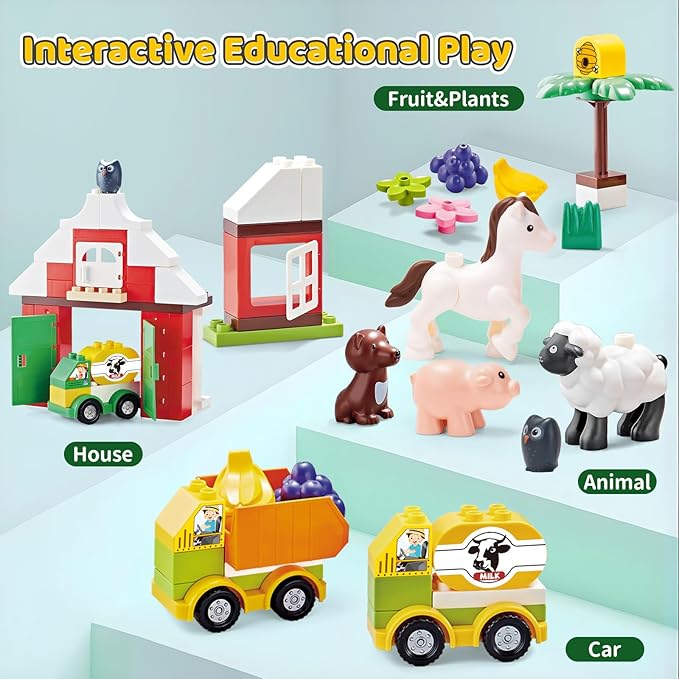 Building Blocks for Toddlers 1-3-5 Farm DIY Big Classic Building Bricks Toys Set for Kids Ages 2-4-5-8 With Barn Animals Truck Compatible With All Major Brands Gift Toy for 3-5 Boys Girls 74 Pcs