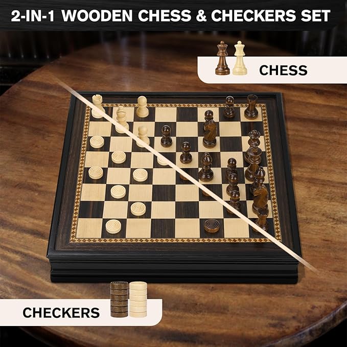 Peradix Magnetic Chess Checkers Board Sets with 2 Built-in Storage Drawers12.8 Classic 2 in 1 Wooden Games with 2 Extra Queens for Kids and AdultsTravel Portable Chess Game Set
