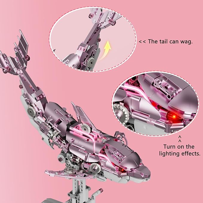888-PCS Mechanical Pink Dolphin Building Set with LED Light Movable Linkage Gears Display Stand - Ocean Building Block Toy for Adults Teens Kids Age 12+