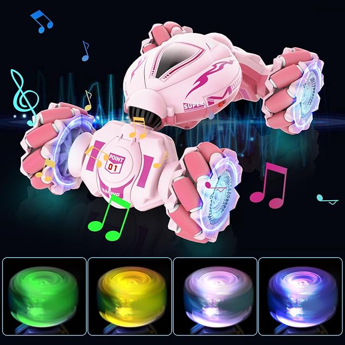Pink RC Car Toys for Girls Aged 6-12 Gesture Sensing RC Stunt Cars with Lights Music for Girl Birthday Xmas Gifts 2.4GHz 4WD Pink Remote Control Toy Double-Side Flip 360° All-Round Rotation