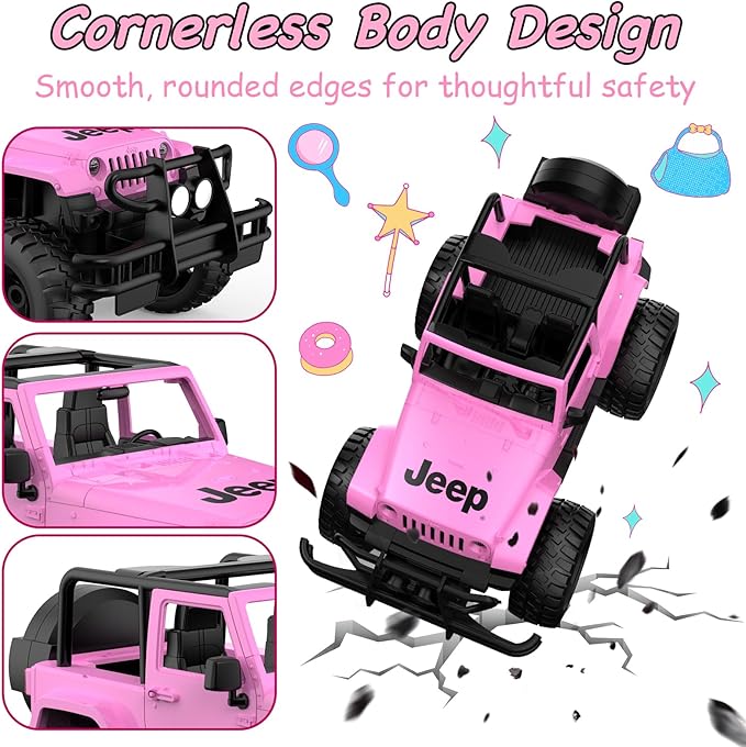 DOUBLE E Jeep Licensed 1:14 Scale Pink Remote Control Car for Girls with 2*DIY Stickers Open-top Design RC Jeep 80Min Play 2.4Ghz Off Road RC Trucks with LED Lights Birthday/Xmas Gifts for Girls 6+