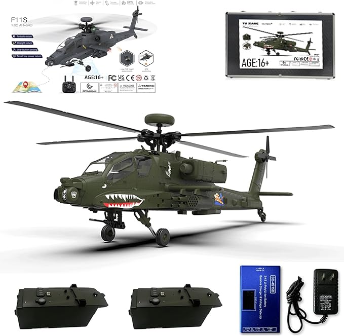 YUXIANG F11 AH64 RC Helicopter for Adults for AH64 Apache 1/32 Scale 2.4G 6CH 6G/3D Stunt Remote Control Military Aircraft Toys with 6-Axis Gyro &amp 2 Brushless Motor &amp Lights - BNF