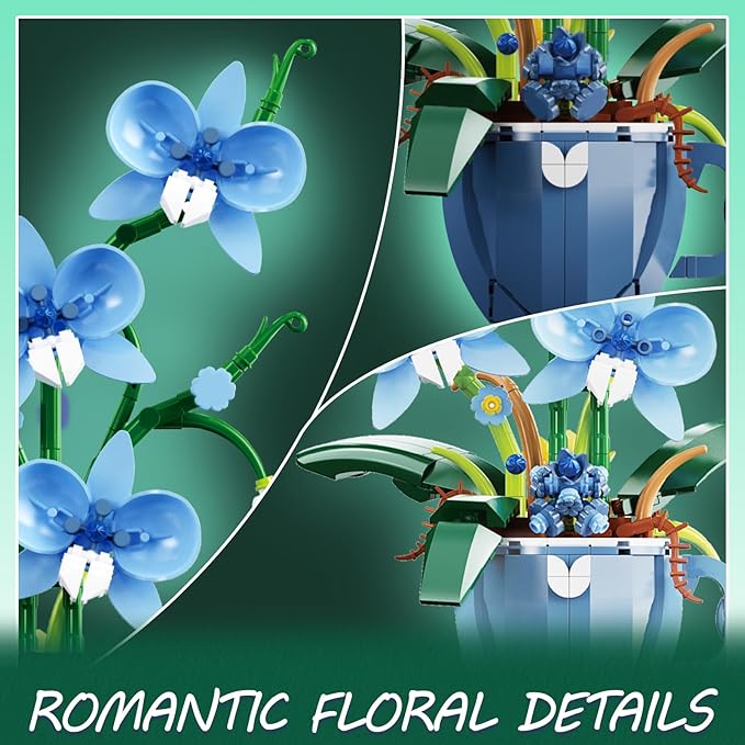 Blue Orchid Flower Building Set with Vase for Adults Compatible with Lego Botanical Flowers 567pcs Ideas Plant Collection Toys for Home and Office Decor Gifts for Christmas Mother's Day