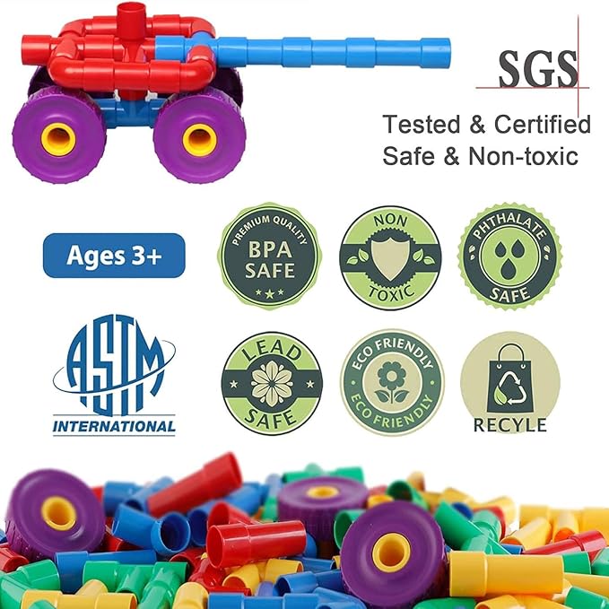ZOZOPLAY STEM Learning Toy Tubular Pipes &amp Spouts &amp Joints 64 Piece Build Bicycle Tank Scootie Moter Skills Endless Designs Educational Building Blocks Set for Kid Ages 3+ Multicolor