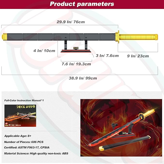 Jorumo Swords Building Sets for Boys 8-14 39in Tsugikuni Yoriichi Sword Building Block with Scabbard and Stand Anime Sword Building Toy Gift Katana 788 Pcs