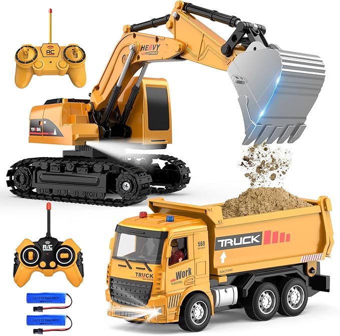 Remote Control Excavator and Dump Truck Toy Set - RC Construction Vehicles Toy with Barricades Road Signs Simulated Rocks Lights and Sounds Present for Toddlers 3-12 Year Boys Girls