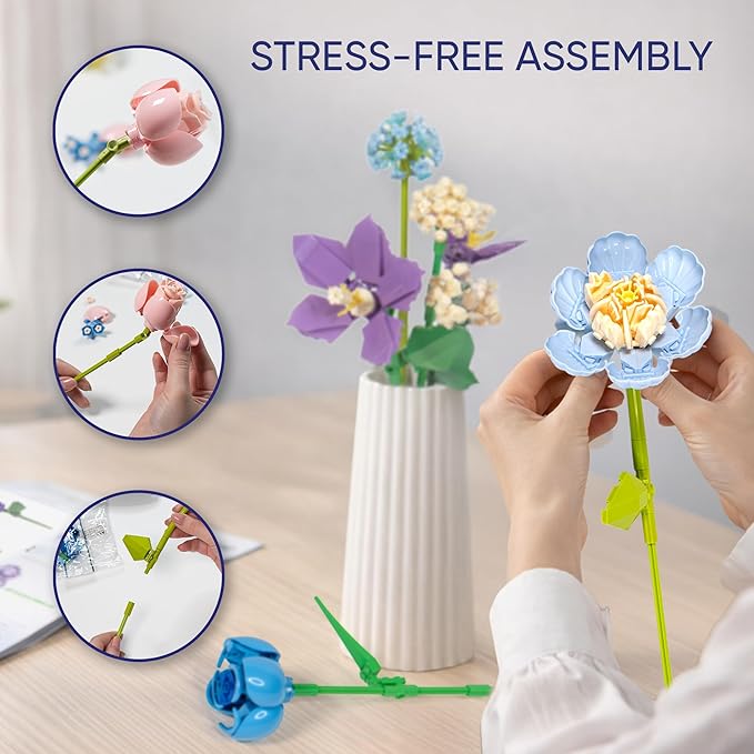 Flower Building Set 880 PCS Building Sets for Adults Botanical Flower Kit Building Block Set Flower Bouquet DIY Gift No Vase Included