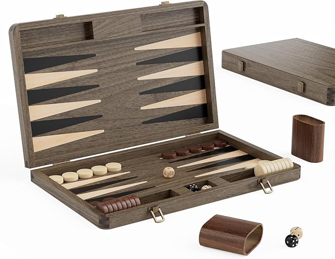 Luxury Walnut Backgammon Set - Wood Board with Travel Case Doubling Cube