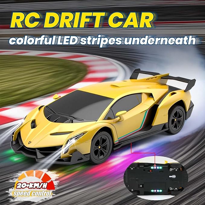 QUN XING Remote Control Car 1:24 Officially Licensed Lambo veneno RC Drift Car with LED Lights 2.4GHz 4WD 15KM/H Fast Speed Control Rechargeable Battery 800mah Birthday for Kids Boys 8-12Yellow