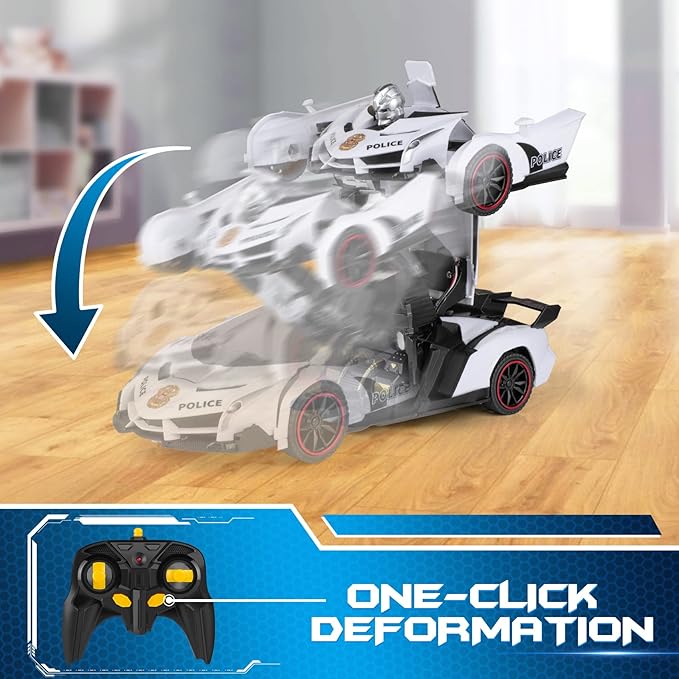 FDJ Remote Control Car - Transform Toys Car Robot One Button Deformation to Robot with Flashing Light 2.4Ghz 1:18 Scale Transforming Police Car Kids Toys with 360 Degree Rotating Girls Boys Toys