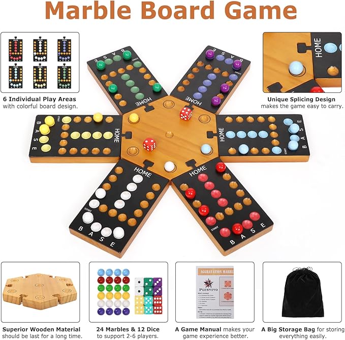 Marble Board Game Wooden Board Game for 4 and 6 Players Portable Original Marble Game with 24 Marbles 12 Dice for Family Friends Party Game Night Black