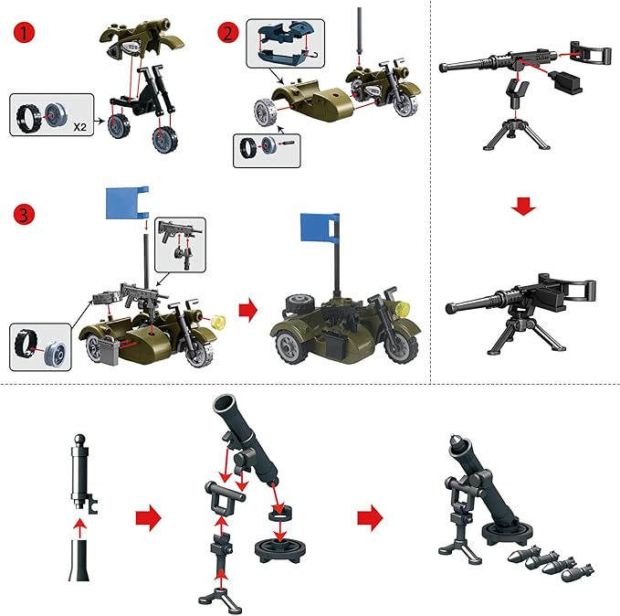 Feleph WW2 Military Vehicles Weapons Pack 282 Pieces US Army Building Block Toy Set WWII Car Tricycle Gear Helmets Vests Tools Bricks Model Compatible with Soldier Figures for Ages 6 and Up