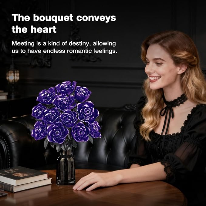 Rose Rotating Everlasting Flower Building Set (866PCS) Compatible Artificial Bouquet Elegant Home/Office Decor Accent for Tabletop Display Long-Lasting Home Decoration (Purple)