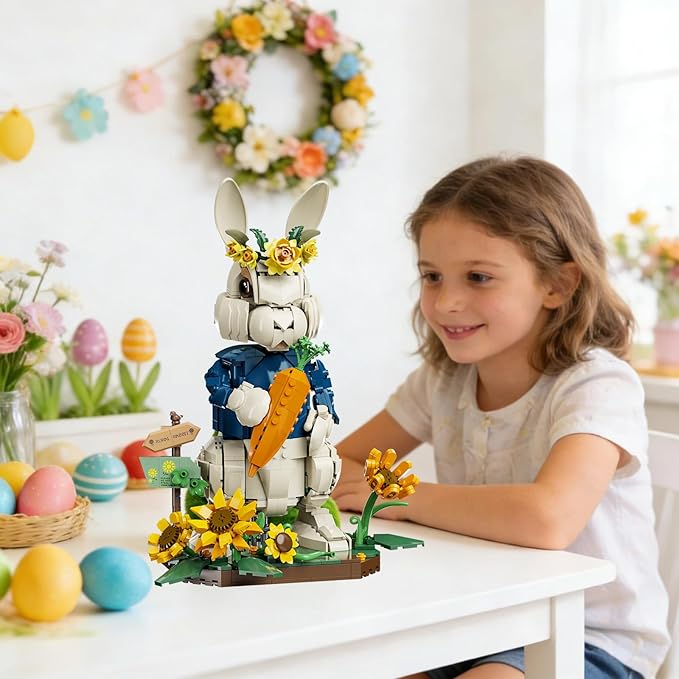 Easter Bunny Building Set with Carrot &amp Sunflower Base 1258 PCS Bricks Blocks Rabbit Model Compatible with Lego Easter Creative Easter Gift for Kids and Adults
