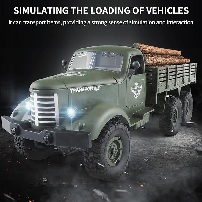 GoolRC RC Military Truck 1:16 Scale Remote Control Car 6WD RC Army Car All Terrain Off-Road RC Truck 2.4GHz Electric Military Transporter Vehicle with Headlights 2 Batteries for Adults