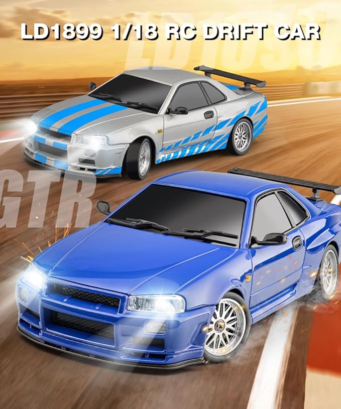 LD1899 1/18 Scale RC Drift Car GTR R34 2.4GHz RWD Mini Model Car with Gyro Alloy Body Shell Racing Cars for Adults Toys (Blue)
