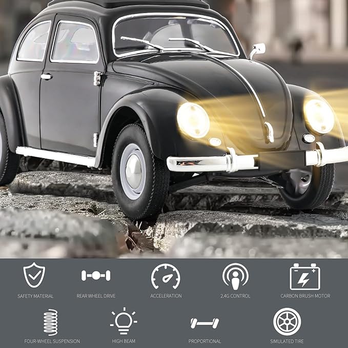Remote Control Car 1:16 Scale Classic Beetle 1950 Model Toys Car for Teens 2.4GHz 4CH RC Car Rear Wheel Drive with LED Ligjhts and Rechargeable Battery Birthday for Teens Adults