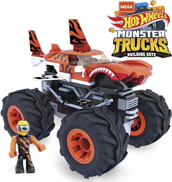 MEGA Hot Wheels Monster Trucks Building Toy Playset Tiger Shark with 187 Pieces 1 Micro Action Figure Driver Orange and Black Kids Age 5+ Years
