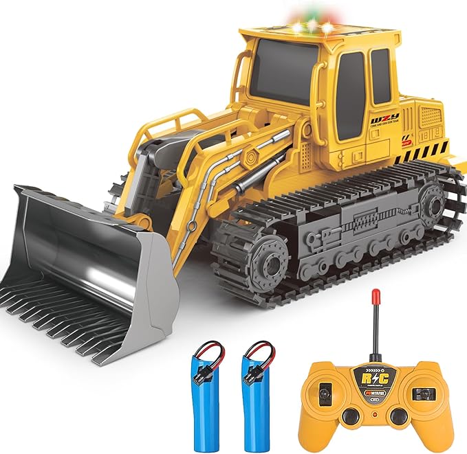 Remote Control Front Loader - Metal Shovel LED Working Lights Music &amp 2 Rechargeable Batteries Construction Toys for Boys Age 4 5 6 7 8 Birthday Gift