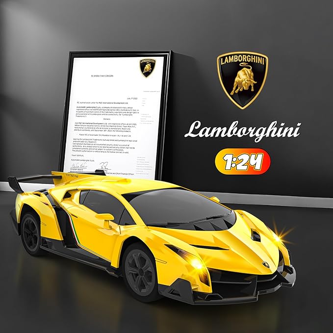 1:24 Lamborghini RC Cars - Dift Cars Licensed Lambo Remote Control Car with Dift Tyles &amp Road Blocks 2.4GHz Fast Speed Toy Car Christmas Toys GIFS for Kids Age 5+ Years Old (Yellow)