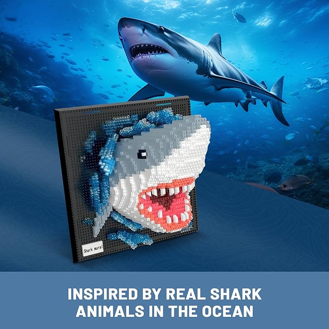 Shark Animal 3D Wall Art Micro Mini Building Blocks Set for Adults Unique Home Wall Decor or Table Display No Compatible with Lego Ideal Birthday Christmas Toy Gift for Teens (2166 PCS)