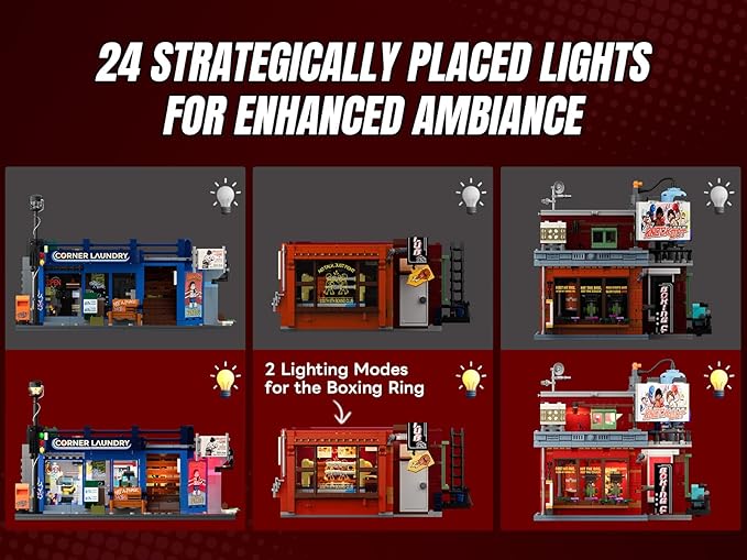 Street Fusion Boxing Club Lighting Building Bricks Set - City Town Modular Playset Collection Display kit with Minifigures 3036 Pcs for Adults &amp Teens &amp Life Enthusiasts