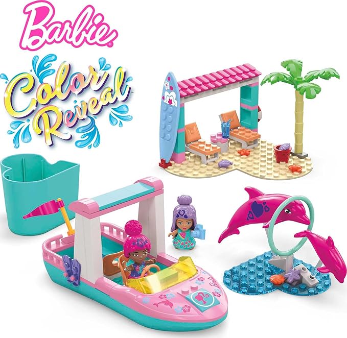 MEGA Barbie Color Reveal Dolphin Exploration Toy Building Set with 10+ Surprises 2 Micro-Dolls and 2 Dolphins Toy Gift Set for Girls and Boys Ages 5 and up