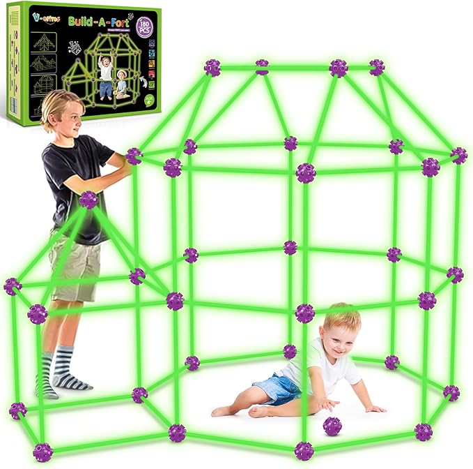 V-Opitos 180 Pack Glow in The Dart Fort Building Kits for Kids Age 4 5 6 7 8+ Years Old STEM Building Toys for DIY Castles Tunnels Ideal Christmas Birthday Gifts for Boys &amp Girls