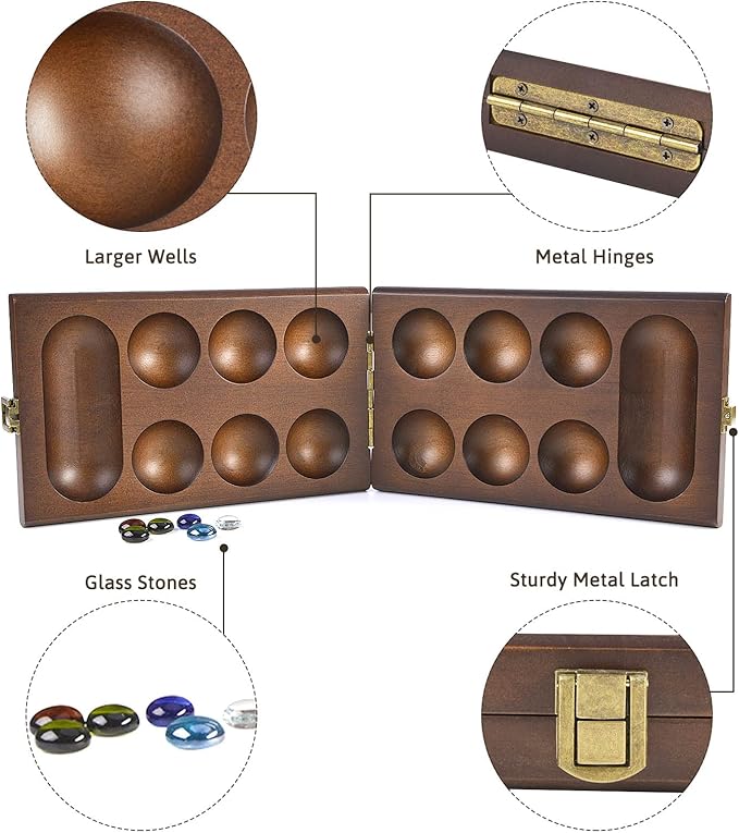 AMEROUS Wooden Mancala Board Game Set with 72+8 Bonus Multi Color Glass Stones - Folding Board - Mancala Instructions Classic Family Board Game for Kids Adults Tabletop Version
